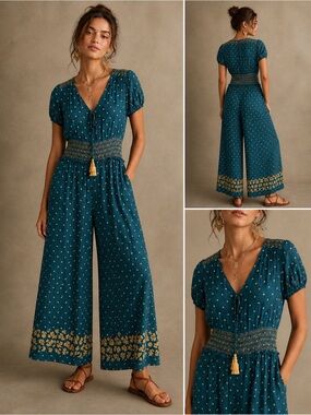 FARM Rio for Anthropologie Teal Smocked Waist Wide Leg Jumpsuit XS fits Small